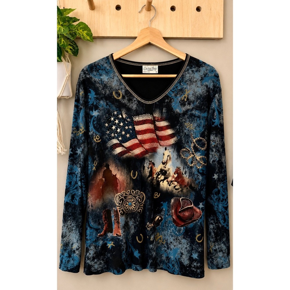 Vintage Cactus Bay‎ Apparel XL Western American Flag Rhinestone Graphic Top
